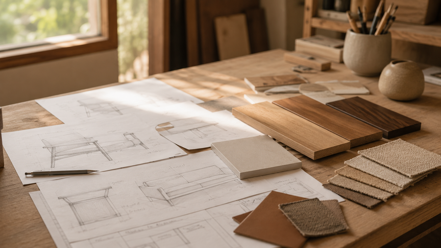 Furniture sketches and wood samples on a workshop bench